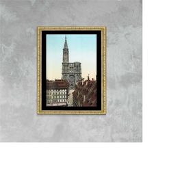 cathedrale notre dame de strasbourg vintage photo poster exclusive framed canvas print, france travel, postcard poster,