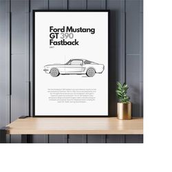 poster ford mustang gt 390 fastback | wall art | vintage car poster | black and white poster