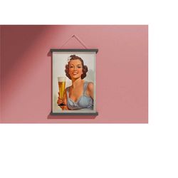 framed vintage poster, vintage woman canvas art, beer poster print, large bar decor