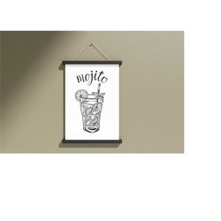 mojito canvas print, mojito bar decor, black and white mojito cocktail, mojito wall art, mojito home decor, kitchen deco