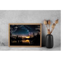 nature painting living room wall art, night starry sky landscape on canvas print colorful night sky painting, spiritual