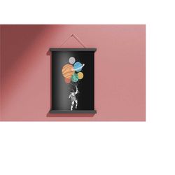 planet ballons, solar system space poster, space canvas art, planet wall art, astronaut holding planet balloons, space m