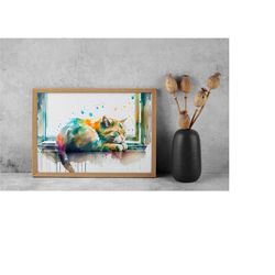 cute cat framed canvas, watered cat canvas, wrapped canvas little cat, colorful cat photo