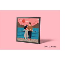 couple illustration wall art, couple love canvas wall decor, gift for romantic couple, love wall decor
