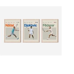 tennis big three, federer nadal djokovic poster bundle, tennis art print, bedroom poster, mid-century modern, uni dorm r