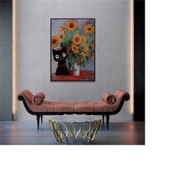 sunflowers claude monet print black cat, poster gifts, cat mom gift, gift for cat mama, cat poster, japandi decor, funny