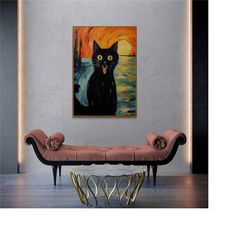 black cat, poster gifts, edvard munch scream, cat mom gift, gift for cat mama, cat poster, japandi decor, vintage poster