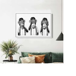 don't see don't hear don't speak, three monkey, drawing monkey, abstract monkey print, monkey wall art, monkey poster, a