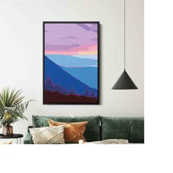 Vintage Abstract Mountain Landscape Painting. Colorful Wall Art Print. Winter Landscape in Moonlight Abstract Art. Mount