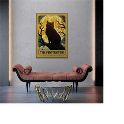 black cat tarot card, the protector tarot art print, black cat wall art, halloween tarot, dark academia poster, cat love