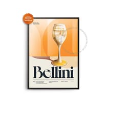 midcentury bellini cocktail poster, bellini cocktail print, cocktail kitchen art, bellini cocktail recipe poster, bellin
