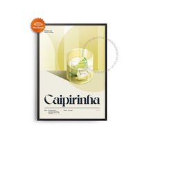 midcentury caipirinha cocktail poster, caipirinha cocktail print, cocktail kitchen art, cocktail recipe poster, caipirin