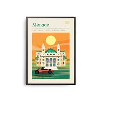 midcentury monaco print, monaco landmarks, tourist attractions, retro travel poster, retro monaco print, monaco wall art