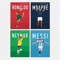 messi ronaldo mbapp neymar poster set world cup art, goats soccer poster minimalist, football stars wall art, vibrant fo