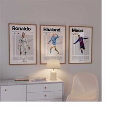 ronaldo messi haaland poster bundler, soccer art print, football poster, mid-century modern, uni dorm room, soccer gift,