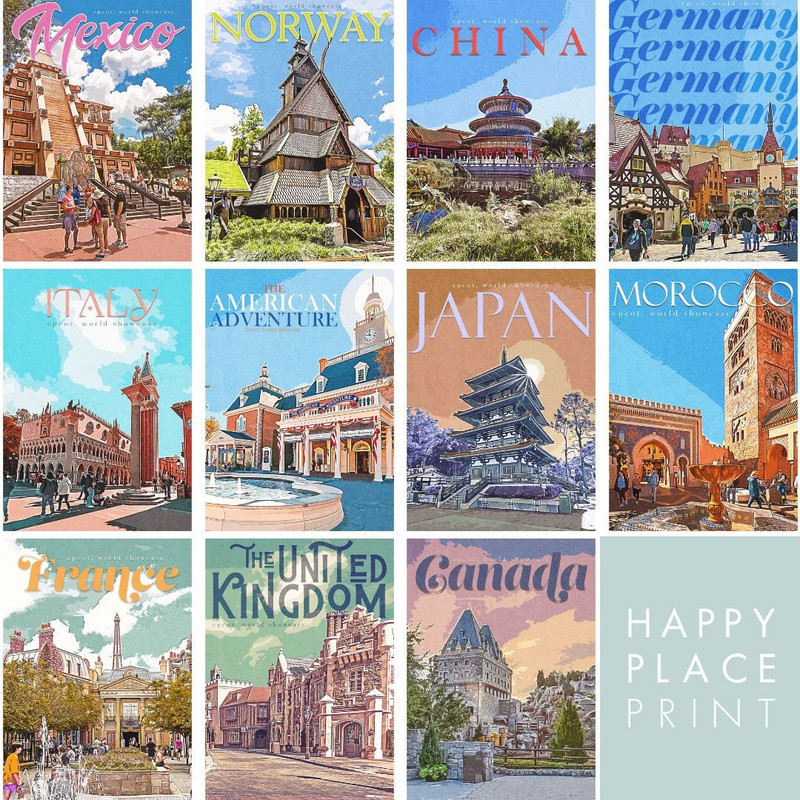 Epcot World Showcase Countries Retro Prints, Walt Disney World, Orlando, Florida, Disney Print, Disney Poster, World Showcase, Epcot Print.jpg