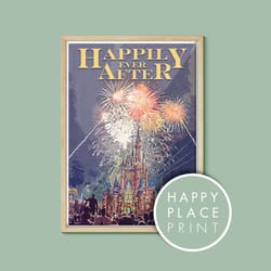 happily ever after fireworks retro poster, disney print, walt disney world, orlando, florida, disneyworld gifts, sizes a