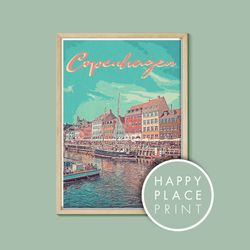 nyhavn copenhagen retro poster, copenhagen print, denmark poster, copenhagen poster, nyhavn print, denmark print, scandi