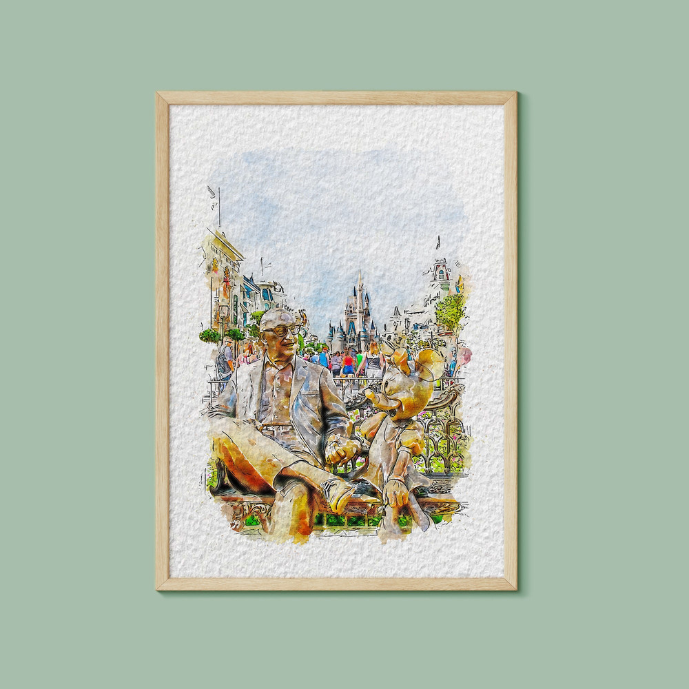 Roy Disney and Minnie Mouse Statue Watercolour Print, Disney Print, Walt Disney World Print, Disney Gift, Magic Kingdom Print, Disney Parks.jpg
