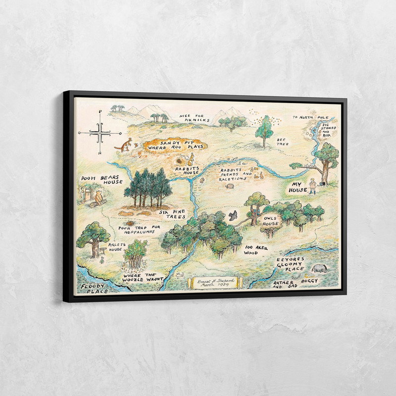 100 Acre Wood Map Print, Winnie The Pooh Map Canvas, Kids Room Decor, Winnie Picture Gift, Cartoon Canvas Wall Art, Vintage Map, Fantasy Map.jpg