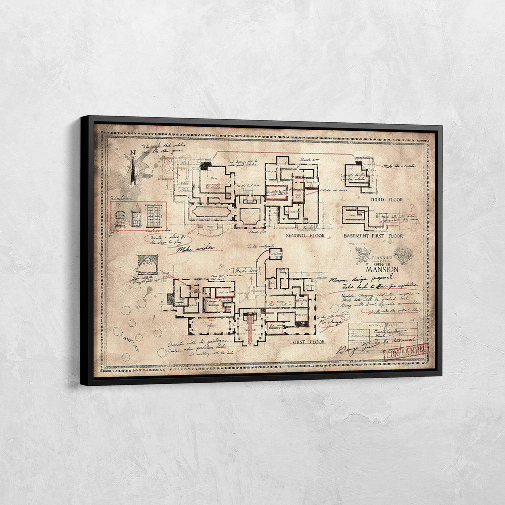 Resident Evil Poster, The Spencer Mansion Plan Print, Gamer Wall Art, Raccoon City Police Department Mansion Plan Map Canvas, Gamer Gifts.jpg