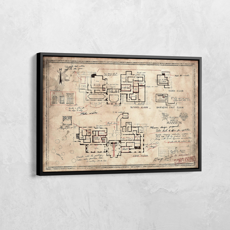 Resident Evil Poster, The Spencer Mansion Plan Print, Gamer Wall Art, Raccoon City Police Department Mansion Plan Map Canvas, Gamer Gifts.jpg