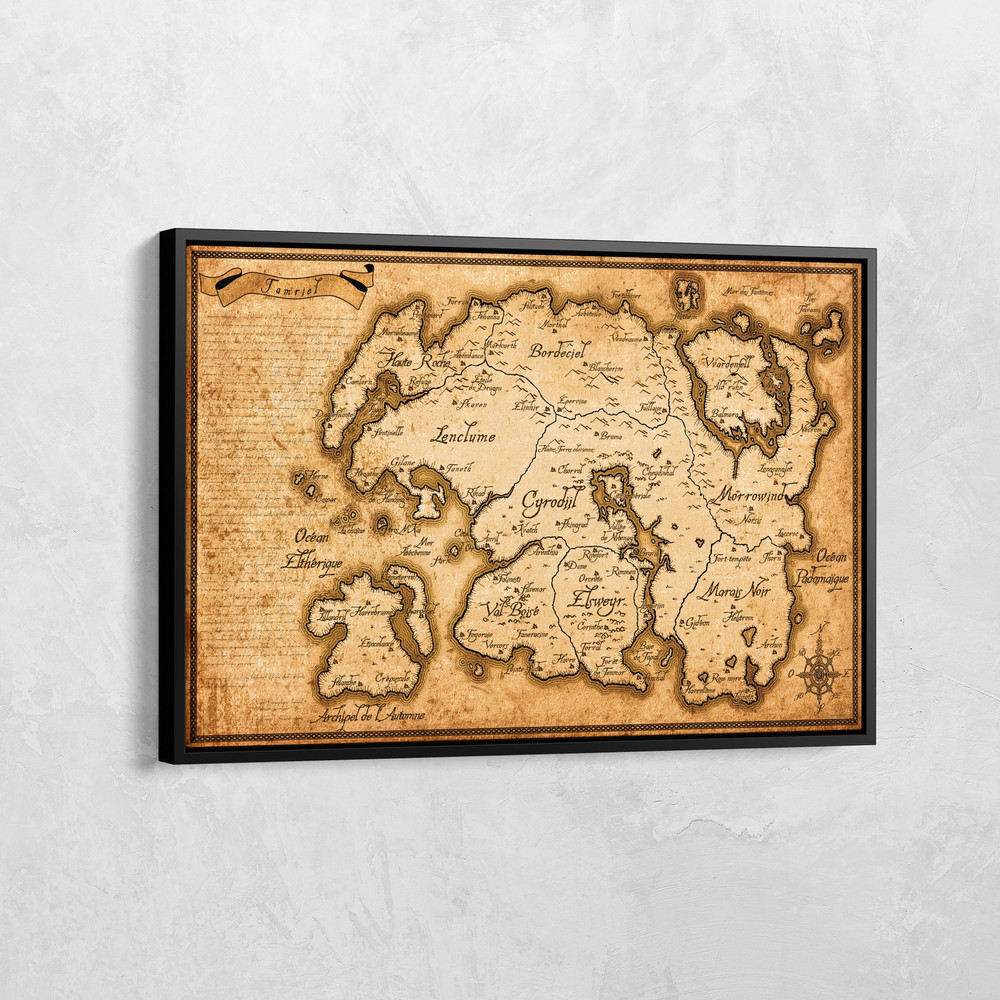 Tamriel Map Canvas, The Elder Scrolls Map Poster, Skyrim Map Print, Skyrim Art, Cartography Maps, Black White Framed Map, Fantasy Map Poster.jpg