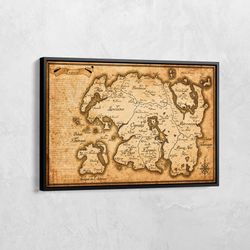 tamriel map canvas, the elder scrolls map poster, skyrim map print, skyrim art, cartography maps, black white framed map