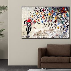 banksy butterfly girl suicide poster, banksy head shot canvas wall art, girl and butterfly poster, graffiti wall art, m