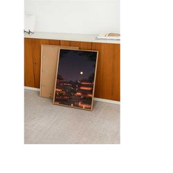 lantern night printable wall art, traditional japanese town poster, warm toned lantern artwork, cityscape art for home w