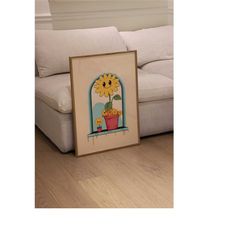 retro flower pot art print, cute vintage cartoon poster, colorful art decor for home, trendy minimalist art, printable w