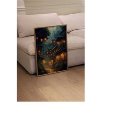 lantern village studio ghibli inspired art print, digital painting anime poster, raining scenery & warm lanterns, wall a