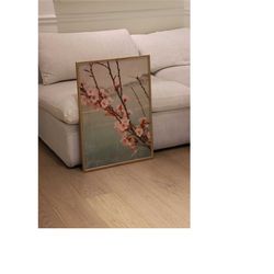 vintage sakura blossom art print, aged & retro printable poster, botanical scenery artwork, cherry blossom wall art for