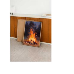 cozy campfire art print, oil pastel painting, minimalistic simple wall art, cute printable poster, nature & camping artw