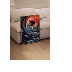 sunset riptide, hokusai inspired woodblock art print, japanese vintage poster print for home decor