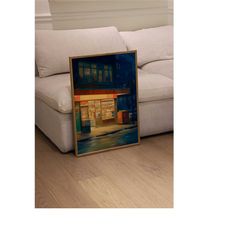 nostalgic store art print, cozy oil pastel painting, warm toned poster, cityscape scenery, printable wall art for gifts