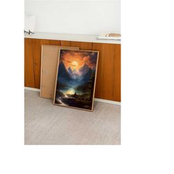 sunset valley, mountain landscape oil painting artwork print, natural scenery art poster for home decor