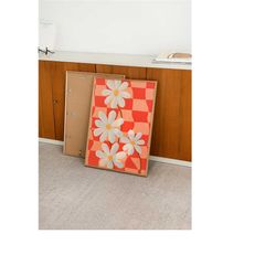 retro checkered flowers art print, abstract poster print, floral artwork, orange art print, modern & contemporary art fo
