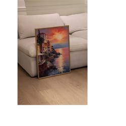 idyllic coastal city, acrylic painting on canvas, sunset scenery landscape art print, beach & ocean artwork for home wal