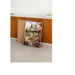 floral cottage, watercolor digital painting, cozy fairycore cottage printable art, soft pastel toned art download for ho