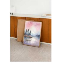 pastel lake | watercolor pastel lake landscape print, pink & purple abstract scenery art for home wall decor