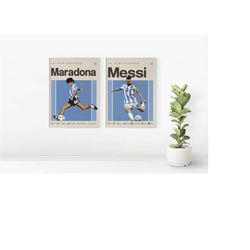 messi and maradona inspired poster, football art print, argentina poster, mid-century modern, uni dorm room,