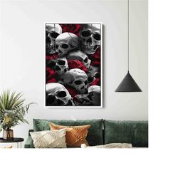 gothic antique flower skull painting, skull head and roses canvas, skull black print on canvas, black canvas wall decor,
