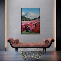 black cat mount fuji from an azalea garden poster, hasui kawase art print, japanese art, flowers print, cat mom gift, gi