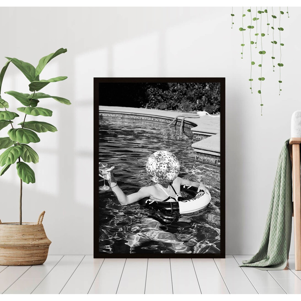 Disco Ball Martini Drink Pool Party Print Black and White Retro Vintage Luxury High Fashion Photography Canvas Frame Printed Wall Art Trendy.jpg