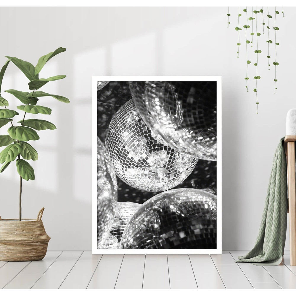 Disco Balls Shining Sparkling Print Black & White Retro Vintage Luxury Fashion Dance Party Photography Canvas Framed Printed Wall Art Trendy 1.jpg