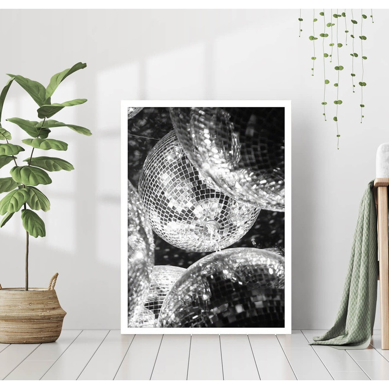 Disco Balls Shining Sparkling Print Black & White Retro Vintage Luxury Fashion Dance Party Photography Canvas Framed Printed Wall Art Trendy 1.jpg