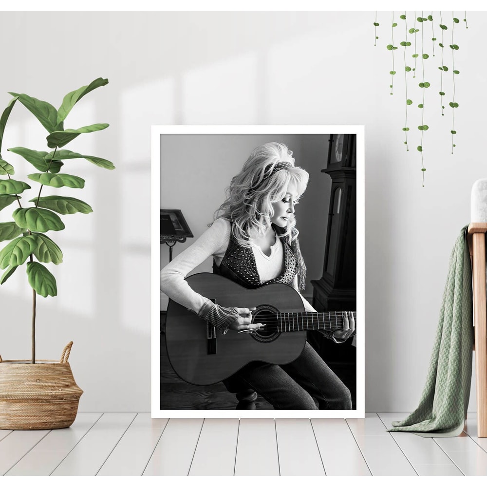 Dolly Parton Playing Acoustic Guitar Country Music Print Singer Poster Black White Retro Vintage Photography Canvas Framed Printed Wall Art 1.jpg