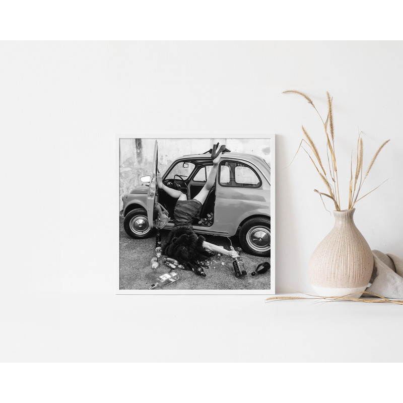Drunk Hangover Girl in Vintage Car Funny Black and White Retro Photography Party Fashion Canvas Framed Poster Printed Bar Cart Wall Art.jpg