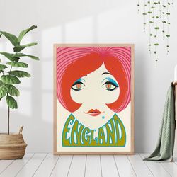 england vintage travel poster mod girl groovy girl canvas print framed retro wall decor union jack united kingdom art lo